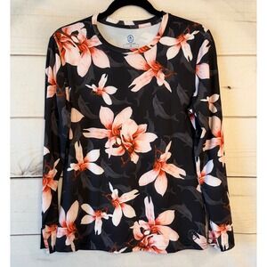 5Fin Womens Floral Shark Long Sleeve Performance Sun Shirt Rash Guard Black M